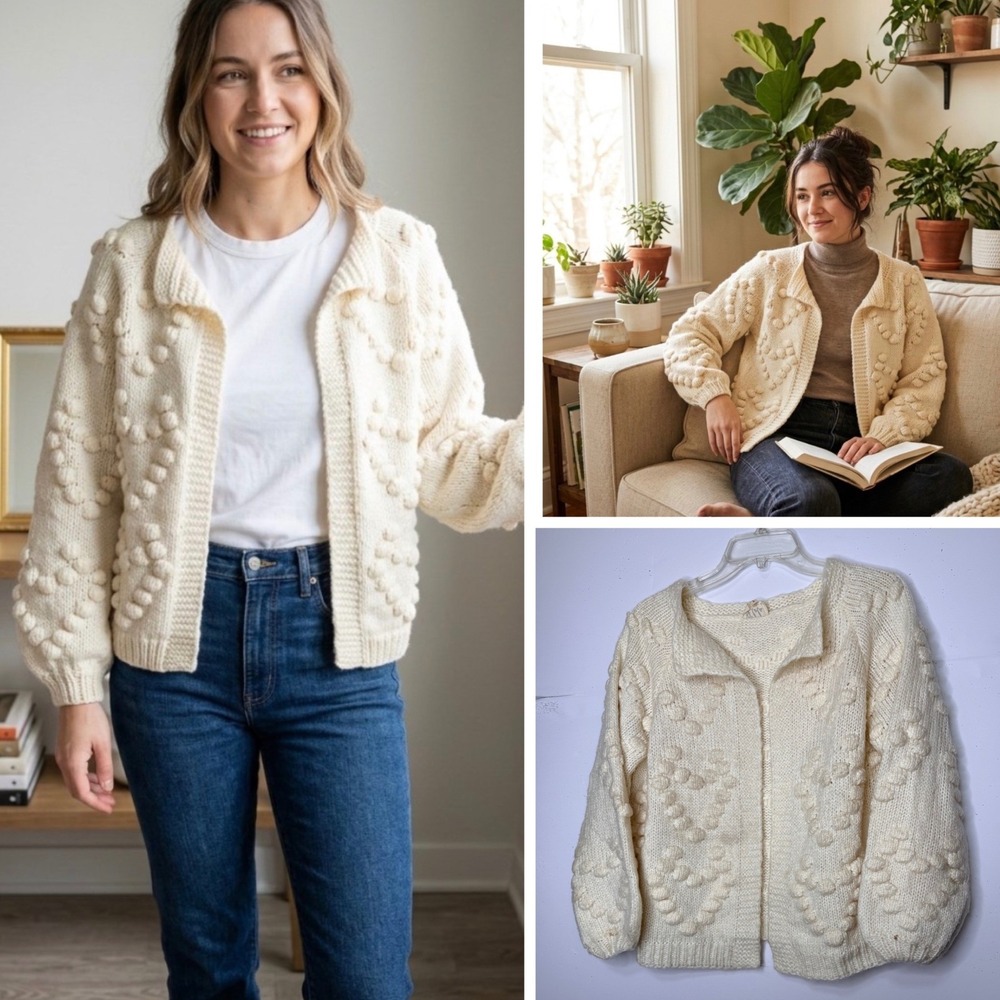 O'Lola Cardigan Baloon Sleeves Women S Cream Chunky Knit Bobble Heart Cottage
